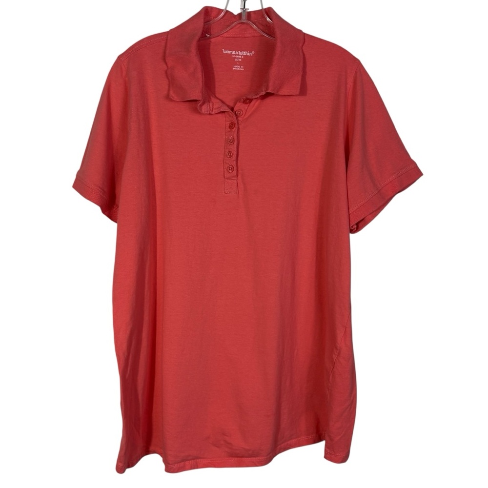 Woman Within Orange Coral Short Sleeve Henley Button Collared Shirt Polo 18/20 L